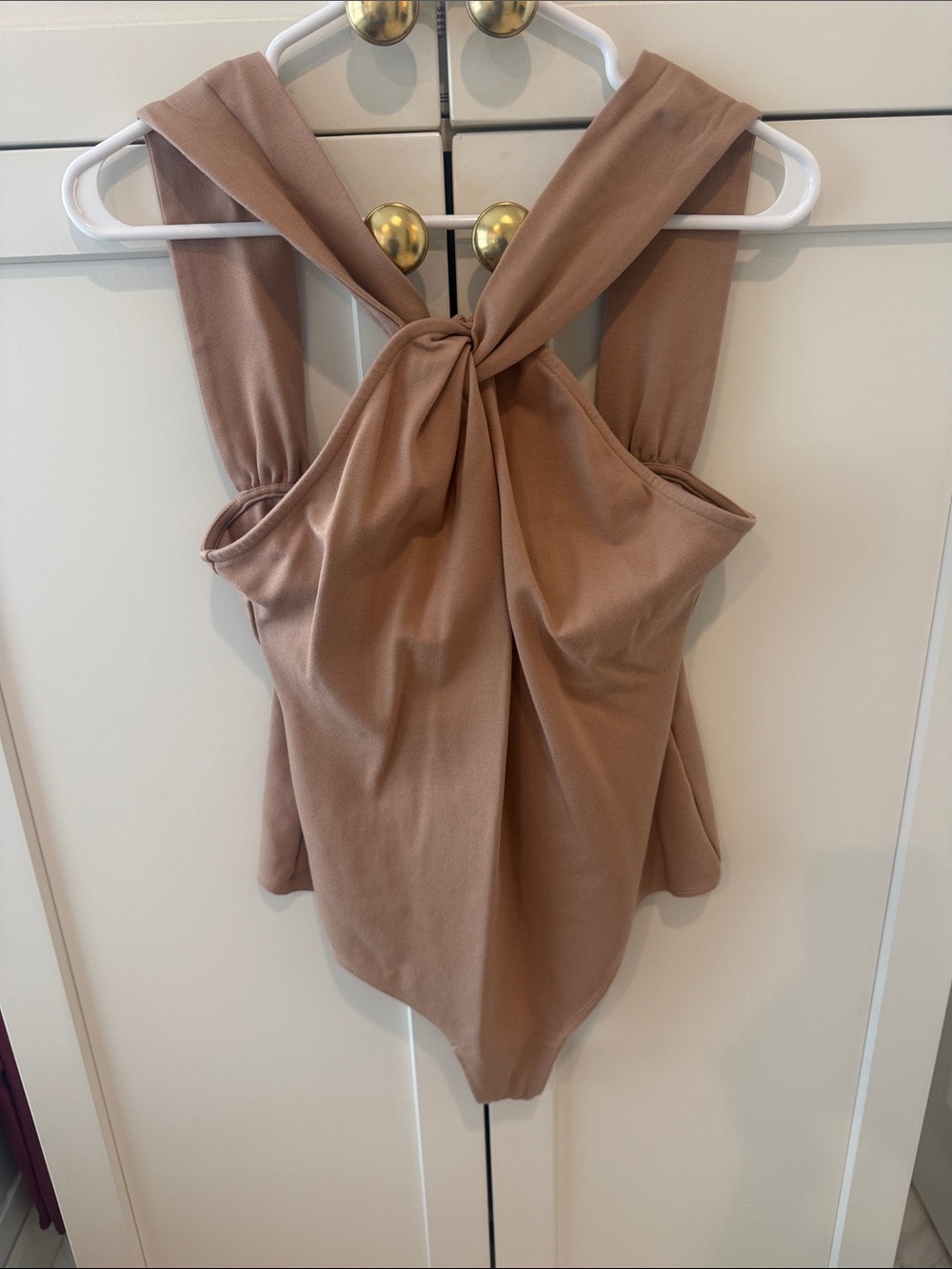 Lovers + Friends One-Shoulder Twist Bodysuit in Taupe